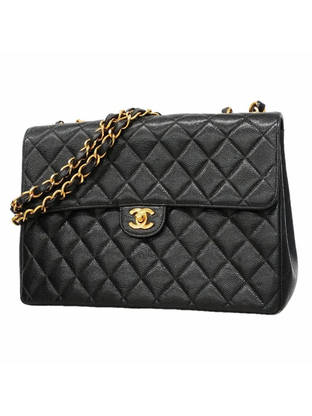 Chanel Shoulder Bag Maxi Quilted Caviar Leather Black Gold